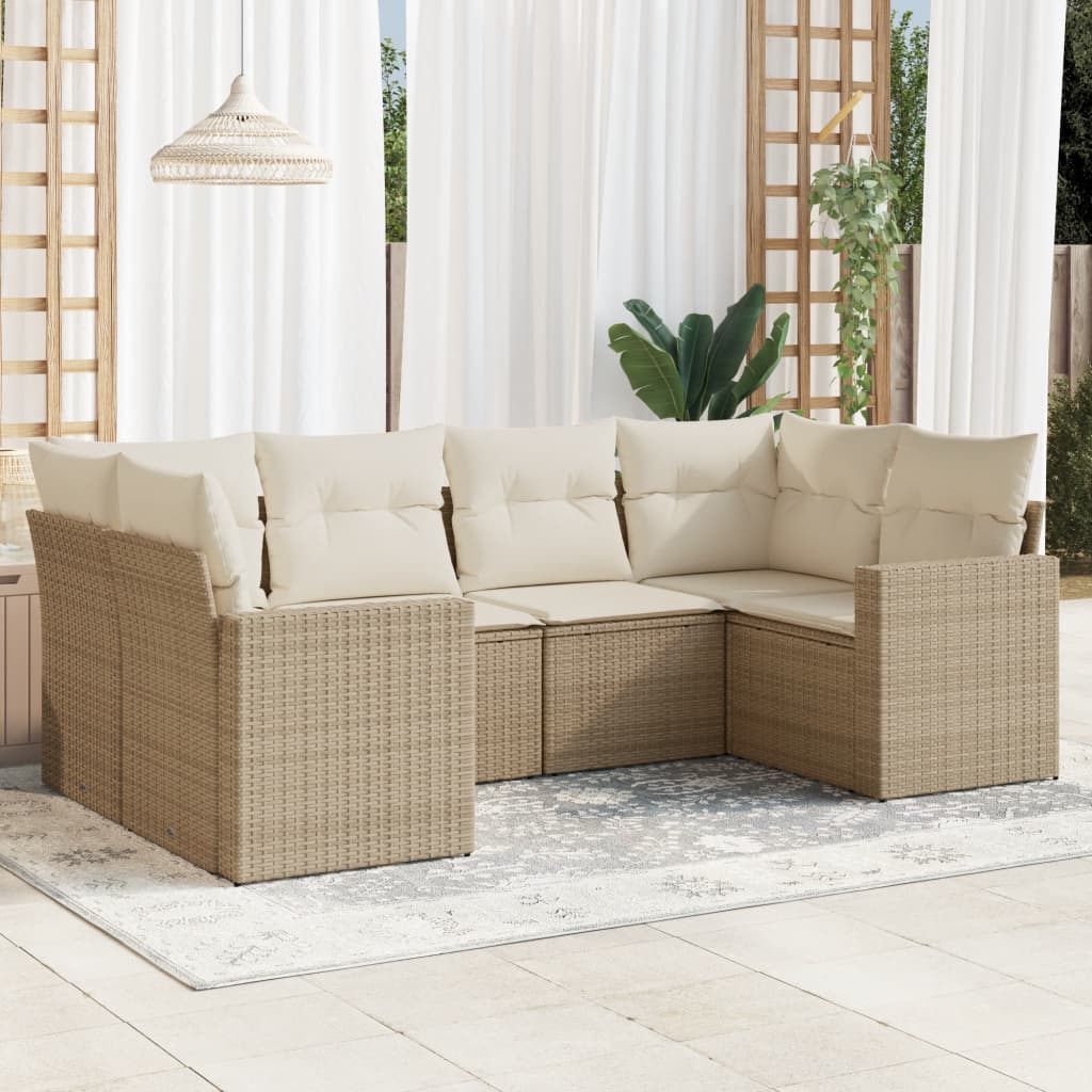 6-tlg. Garten-Sofagarnitur mit Kissen Beige Poly Rattan