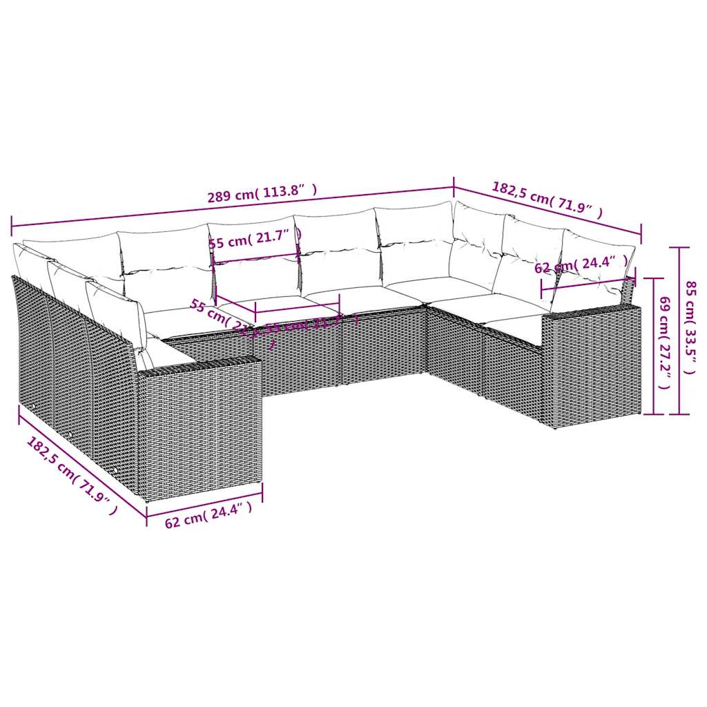 9-tlg. Garten-Sofagarnitur mit Kissen Grau Poly Rattan