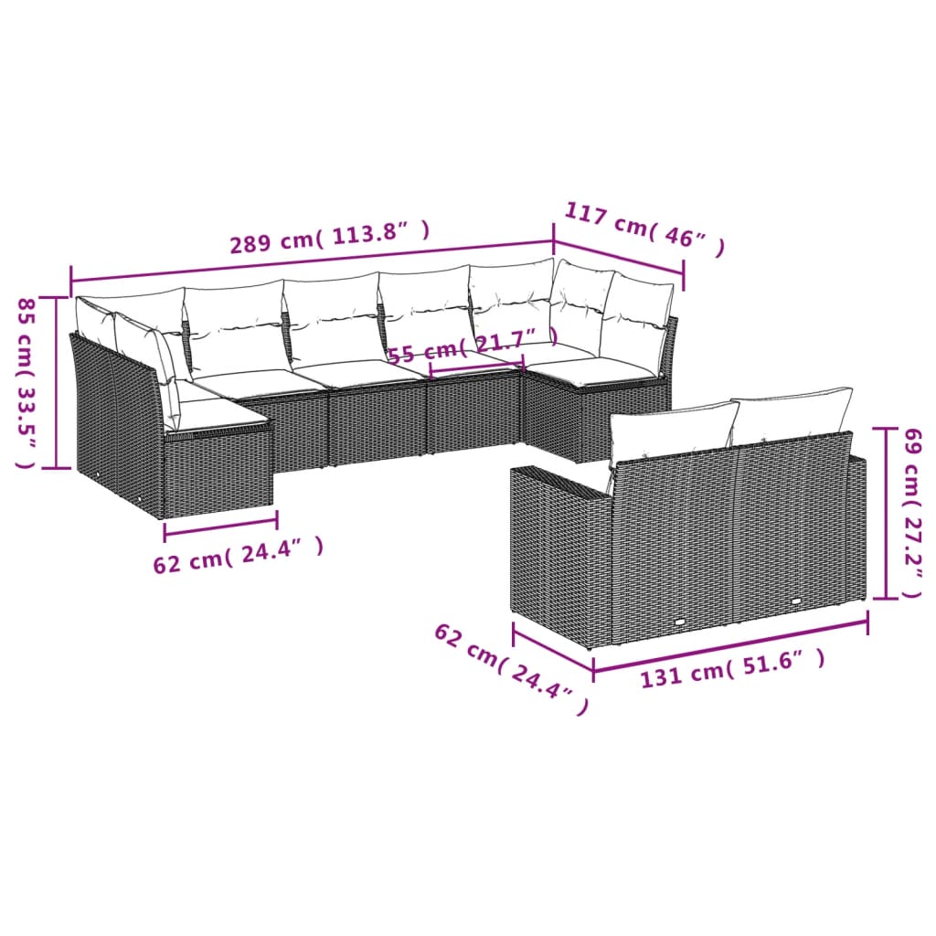 9-tlg. Garten-Sofagarnitur mit Kissen Hellgrau Poly Rattan