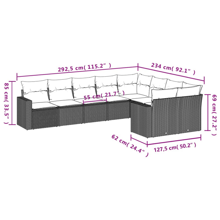 9-tlg. Garten-Sofagarnitur mit Kissen Hellgrau Poly Rattan