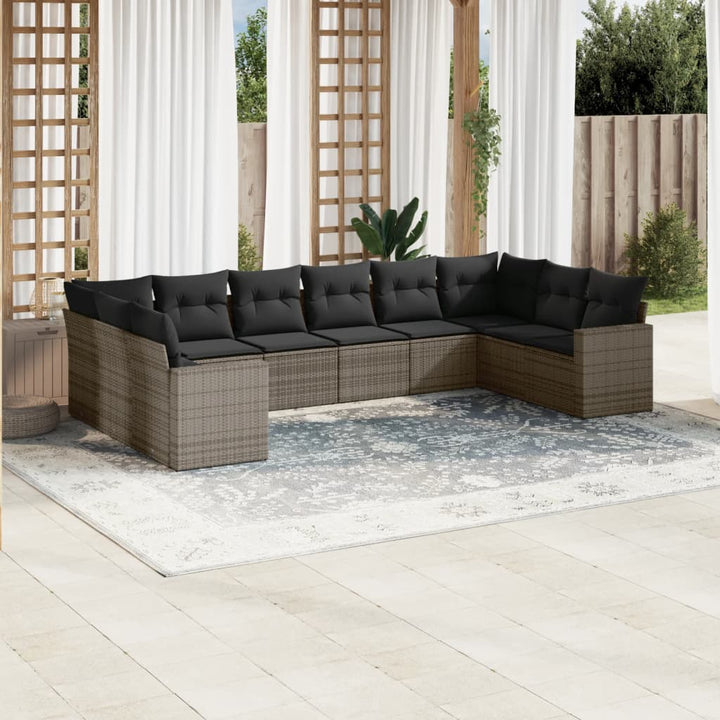 10-tlg. Garten-Sofagarnitur mit Kissen Grau Poly Rattan