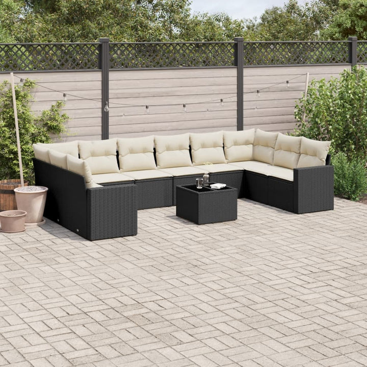 11-tlg. Garten-Sofagarnitur mit Kissen Schwarz Poly Rattan