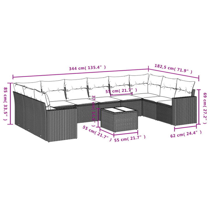 11-tlg. Garten-Sofagarnitur mit Kissen Hellgrau Poly Rattan