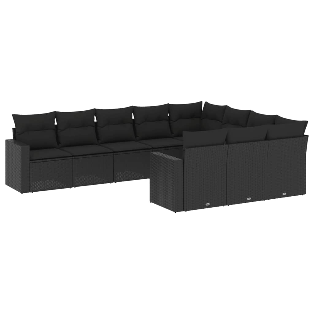 10-tlg. Garten-Sofagarnitur mit Kissen Schwarz Poly Rattan