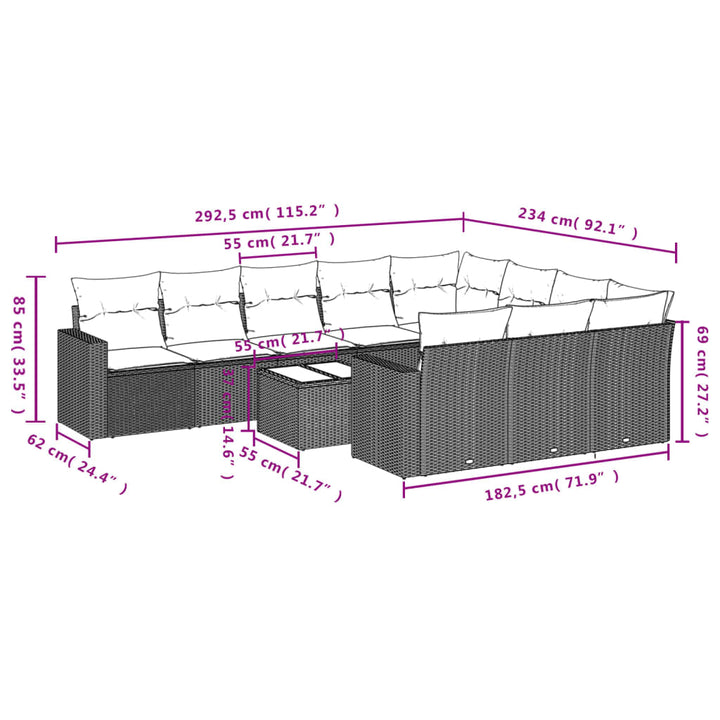 11-tlg. Garten-Sofagarnitur mit Kissen Braun Poly Rattan