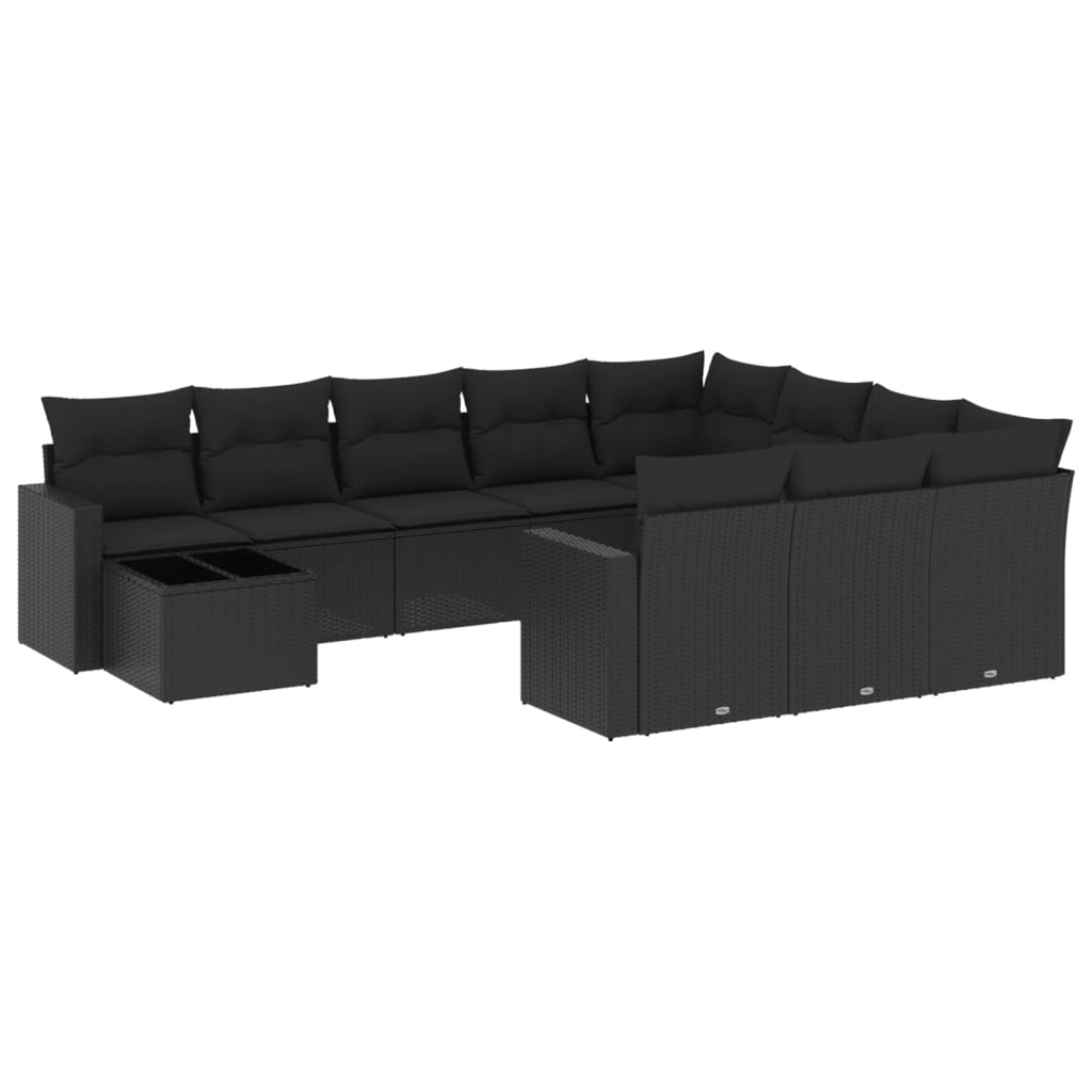 11-tlg. Garten-Sofagarnitur mit Kissen Schwarz Poly Rattan