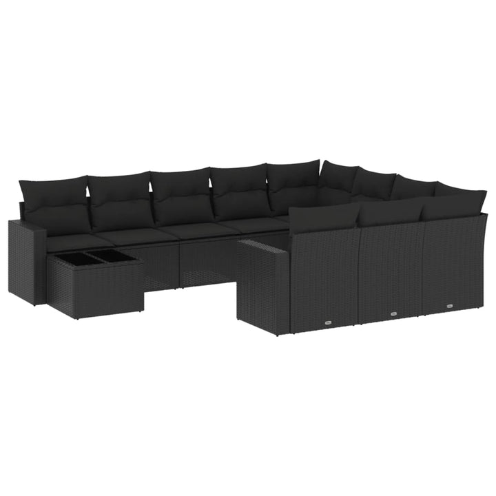 11-tlg. Garten-Sofagarnitur mit Kissen Schwarz Poly Rattan