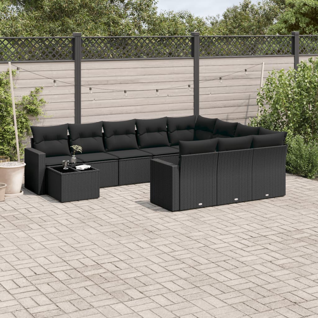 11-tlg. Garten-Sofagarnitur mit Kissen Schwarz Poly Rattan