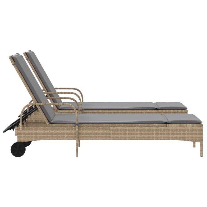 Sonnenliegen mit Auflagen 2 Stk. Beige Poly Rattan