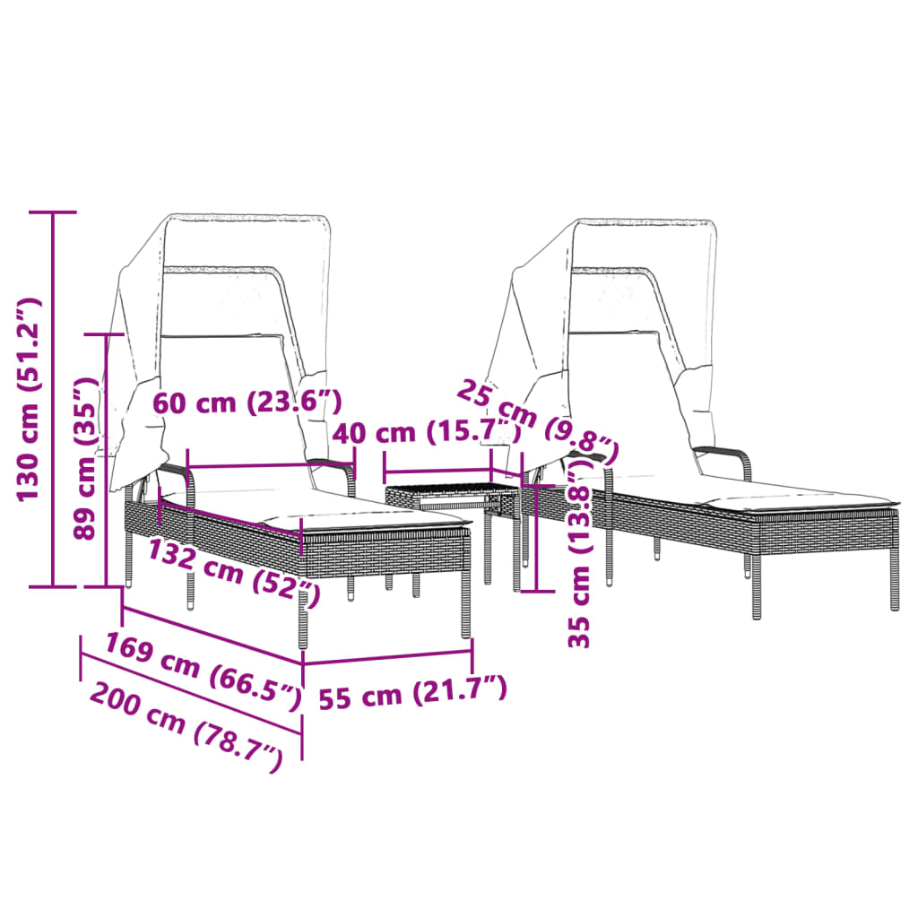 Sonnenliegen 2 Stk. mit Dach und Tisch Braun Poly Rattan