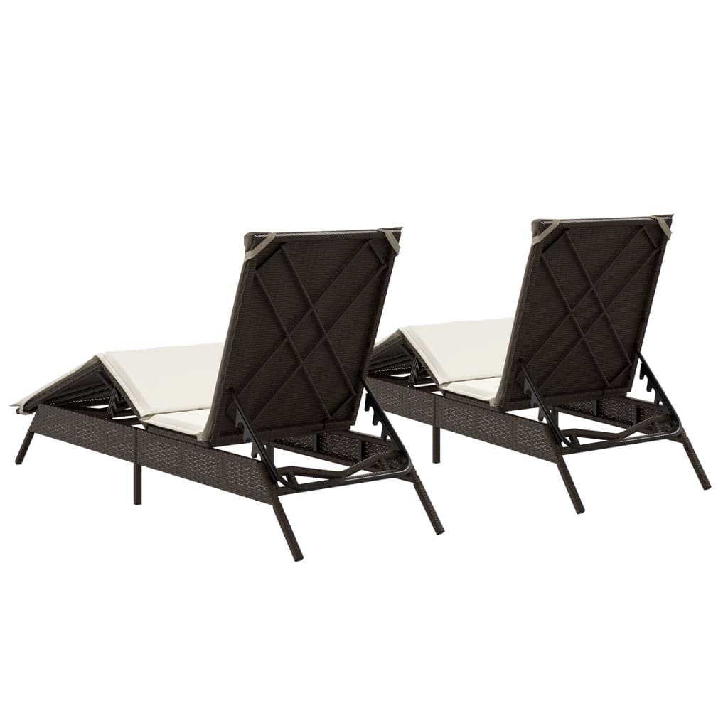 Sonnenliegen mit Auflagen 2 Stk. Braun Poly Rattan