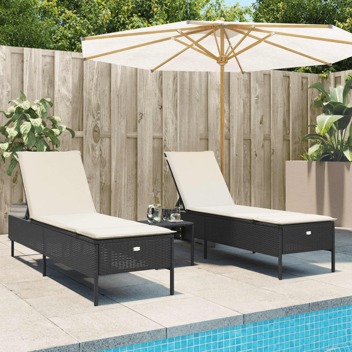 Sonnenliegen mit Auflagen 2 Stk. Schwarz Poly Rattan