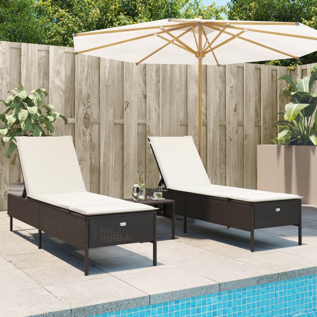 3-tlg. Sonnenliegen-Set mit Auflage Braun Poly Rattan