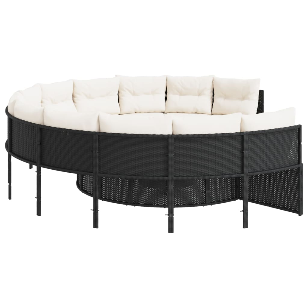 Gartensofa mit Kissen Rund Schwarz Poly-Rattan