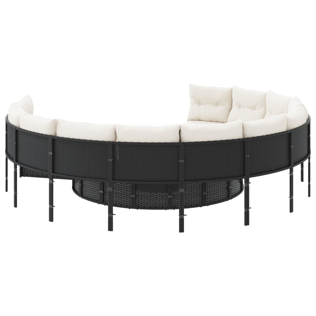 Gartensofa mit Kissen Rund Schwarz Poly-Rattan