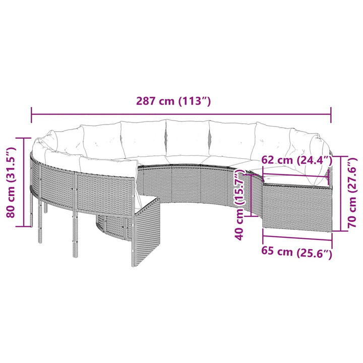 Gartensofa mit Kissen Rund Grau Poly Rattan