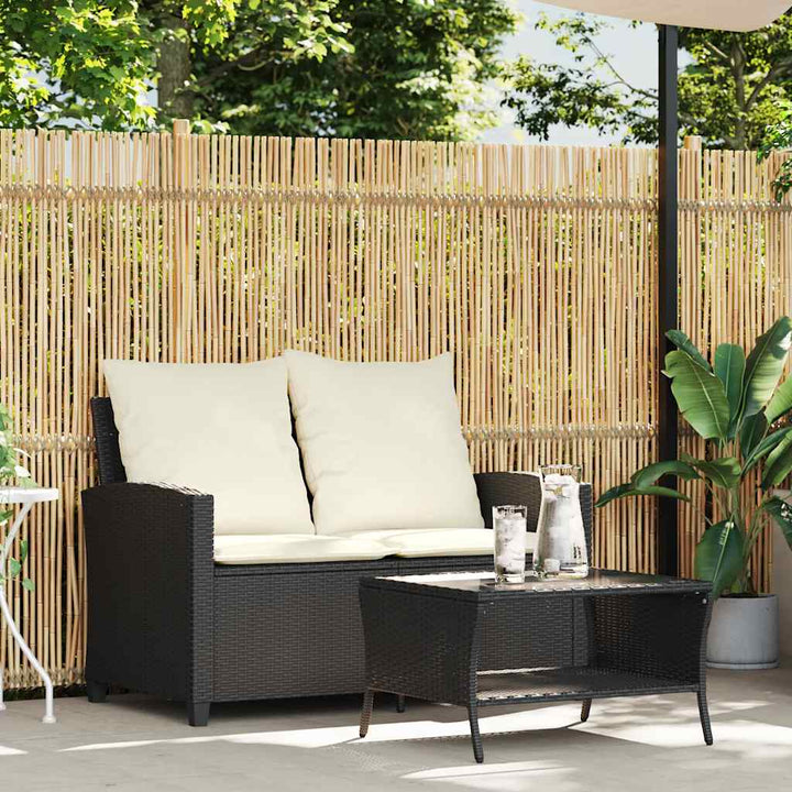 Gartensofa 2-Sitzer mit Kissen & Tisch Schwarz Poly Rattan