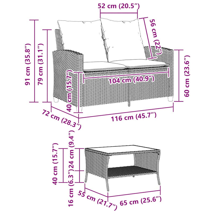 Gartensofa 2-Sitzer mit Kissen & Tisch Grau Poly Rattan