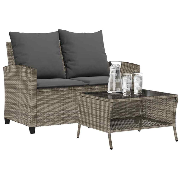 Gartensofa 2-Sitzer mit Kissen & Tisch Grau Poly Rattan