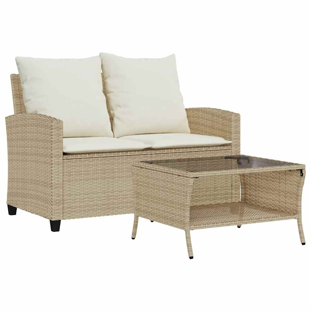 Gartensofa 2-Sitzer mit Kissen & Tisch Beige Poly Rattan