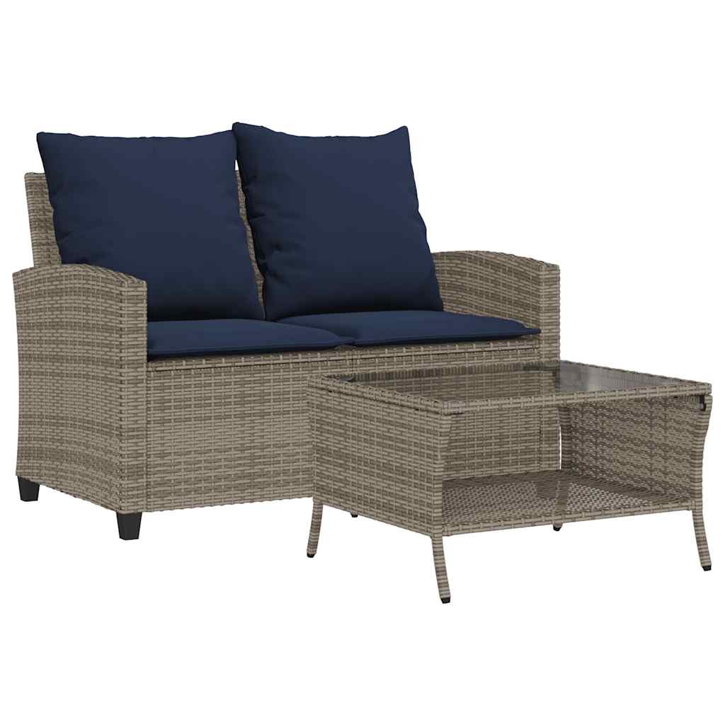 Gartensofa 2-Sitzer mit Kissen & Tisch Grau Poly Rattan