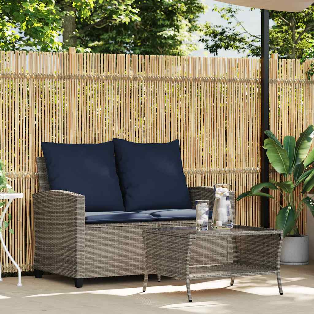 Gartensofa 2-Sitzer mit Kissen & Tisch Grau Poly Rattan