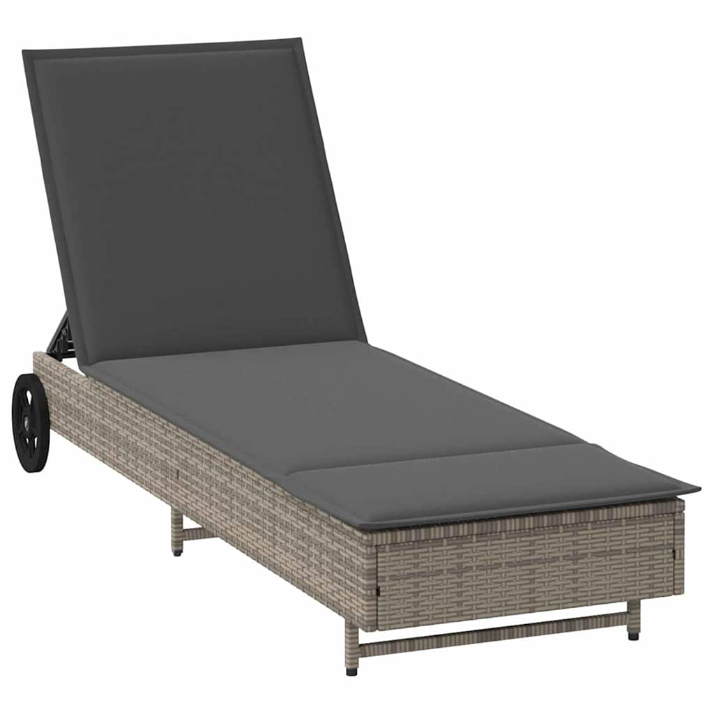 Sonnenliege mit Rollen und Auflage Grau Poly Rattan