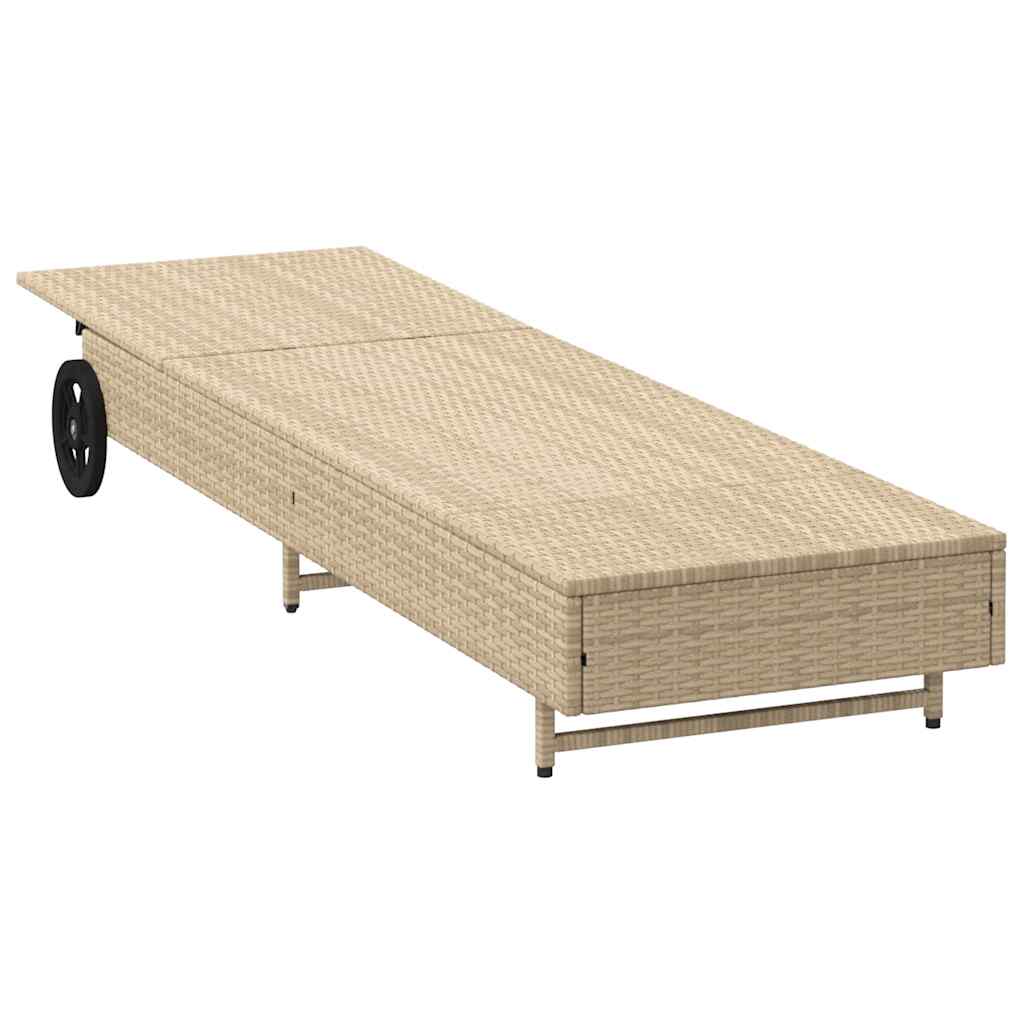 Sonnenliege mit Rollen und Auflage Grau Poly Rattan