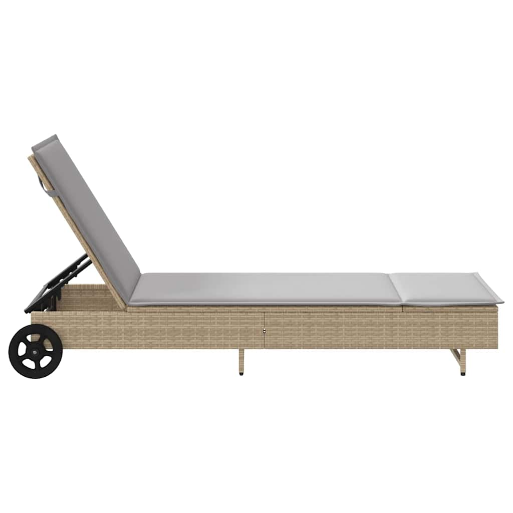 Sonnenliege mit Rollen und Auflage Grau Poly Rattan