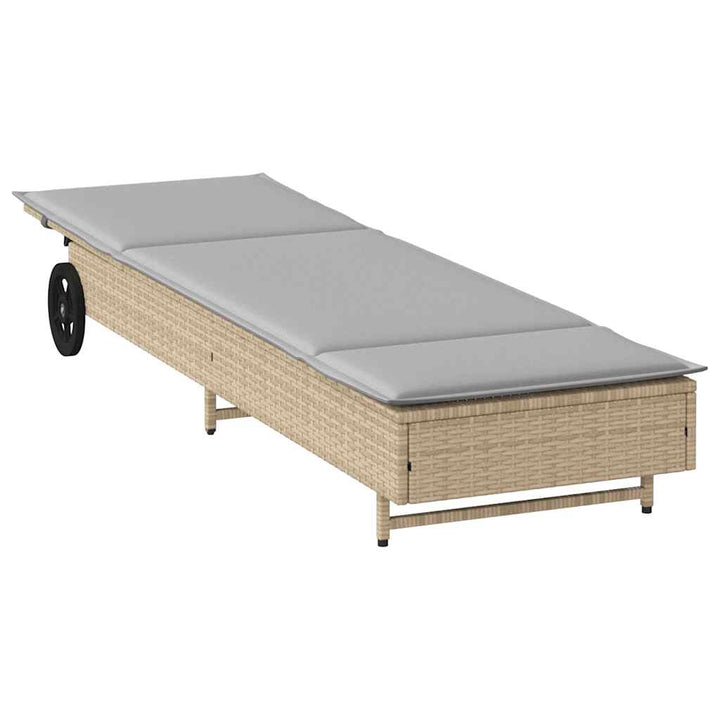 Sonnenliege mit Rollen und Auflage Beige Poly Rattan