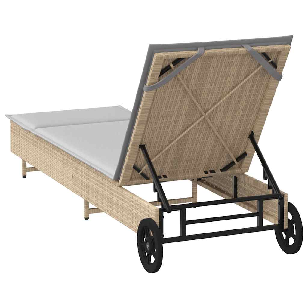 Sonnenliege mit Rollen und Auflage Beige Poly Rattan