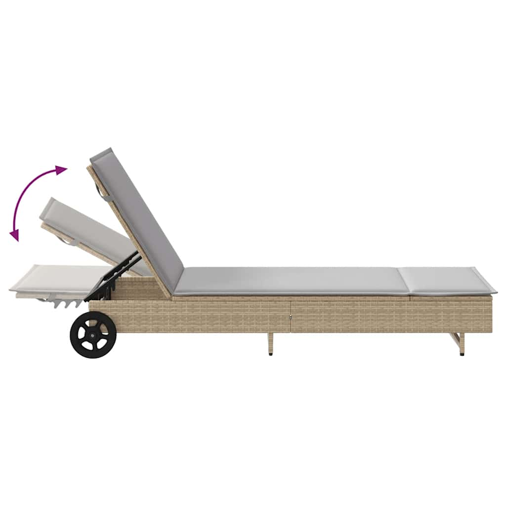 Sonnenliege mit Rollen und Auflage Beige Poly Rattan