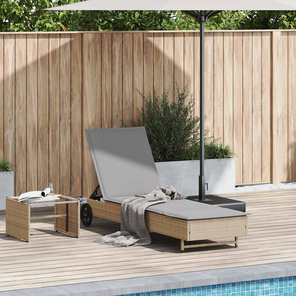 Sonnenliege mit Rollen und Auflage Beige Poly Rattan