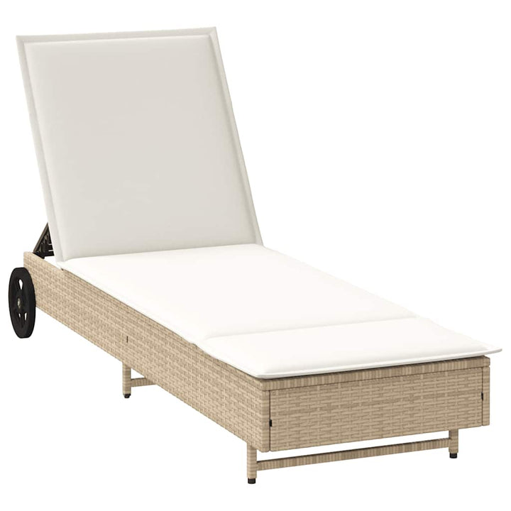 Sonnenliege mit Rollen und Auflage Beige Poly Rattan