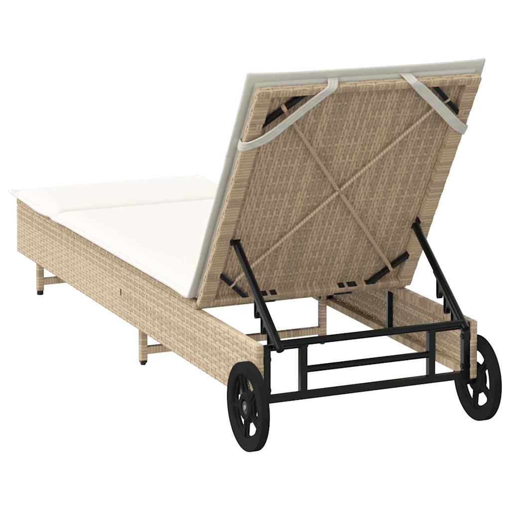 Sonnenliege mit Rollen und Auflage Beige Poly Rattan