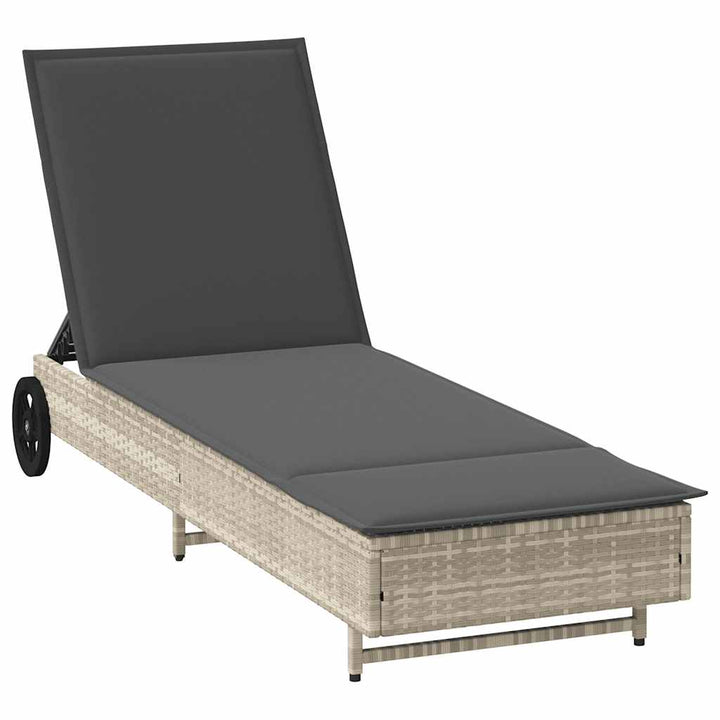 Sonnenliege mit Rollen und Auflage Hellgrau Poly Rattan