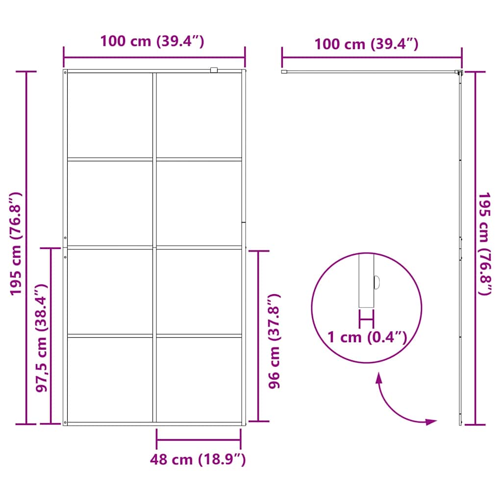 Walk-in Duschwand Schwarz 100 x 195 cm Gehärtetes Glas