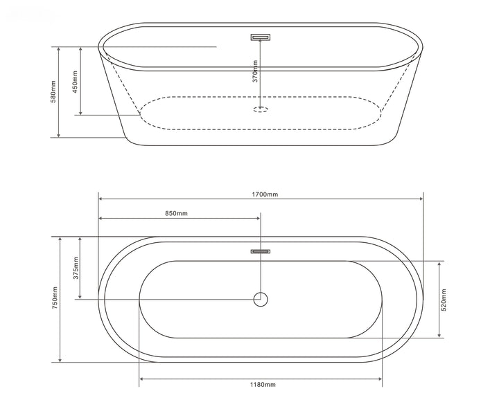 Freistehende Badewanne RENO 170x75x58 cm