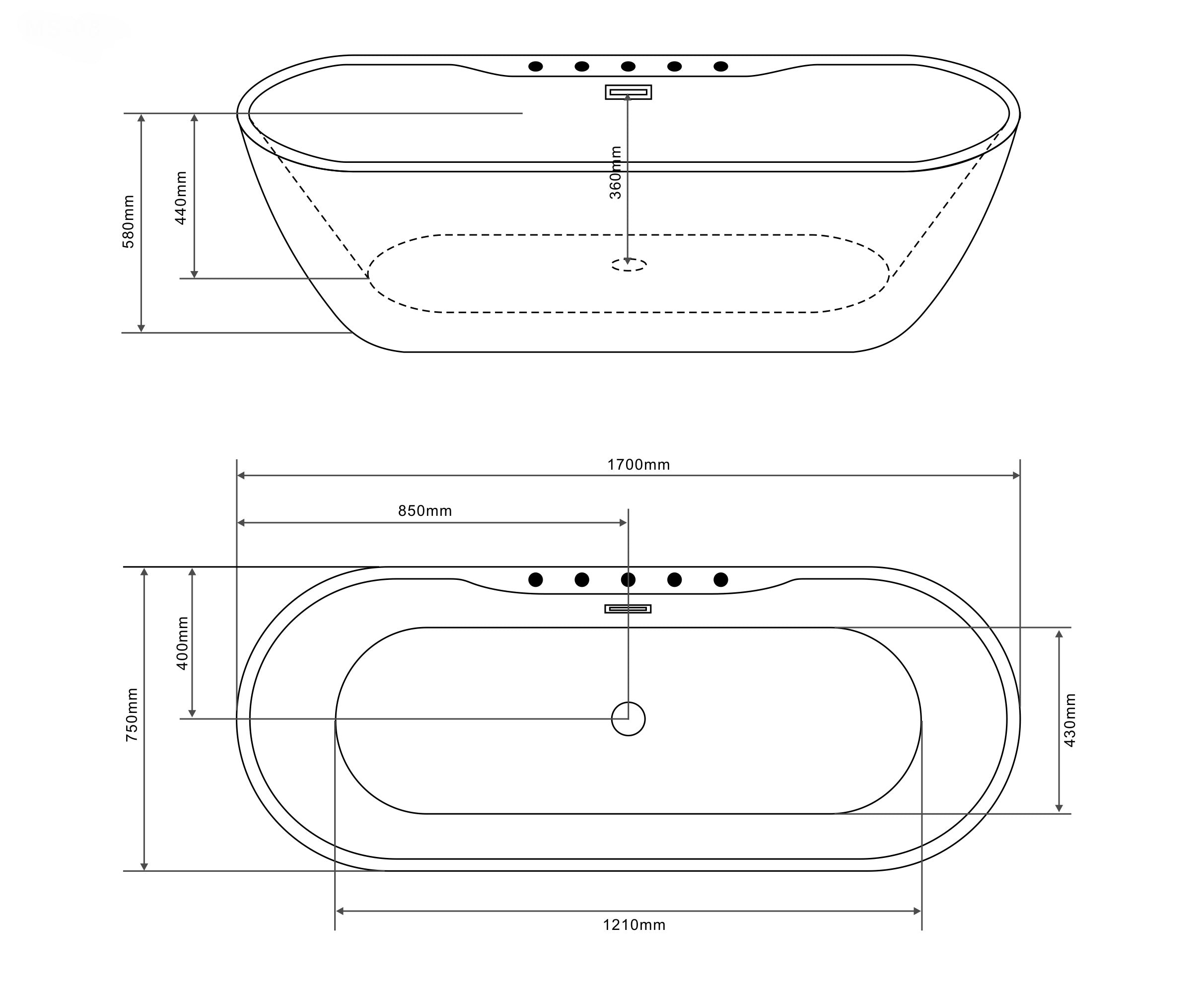 Freistehende Badewanne ARUBA chrom 170x75x58 cm
