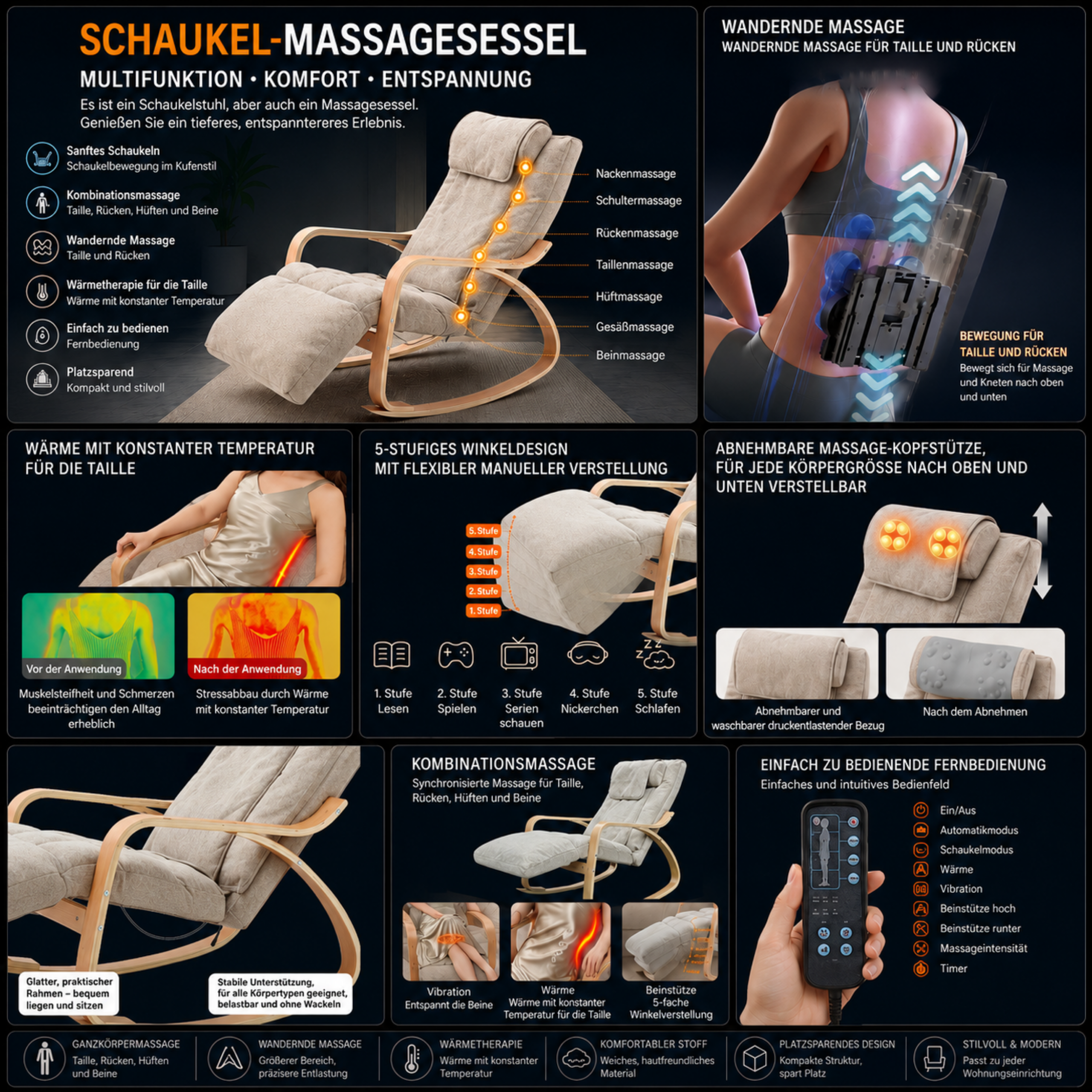LIGORA Massage-Schaukelstuhl mit Fußteil grau
