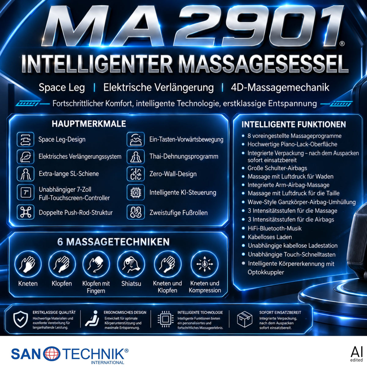 Luxus Massagesessel VALORA mit 4D-Massage, Zero Gravity & Körperscan | Schwarz