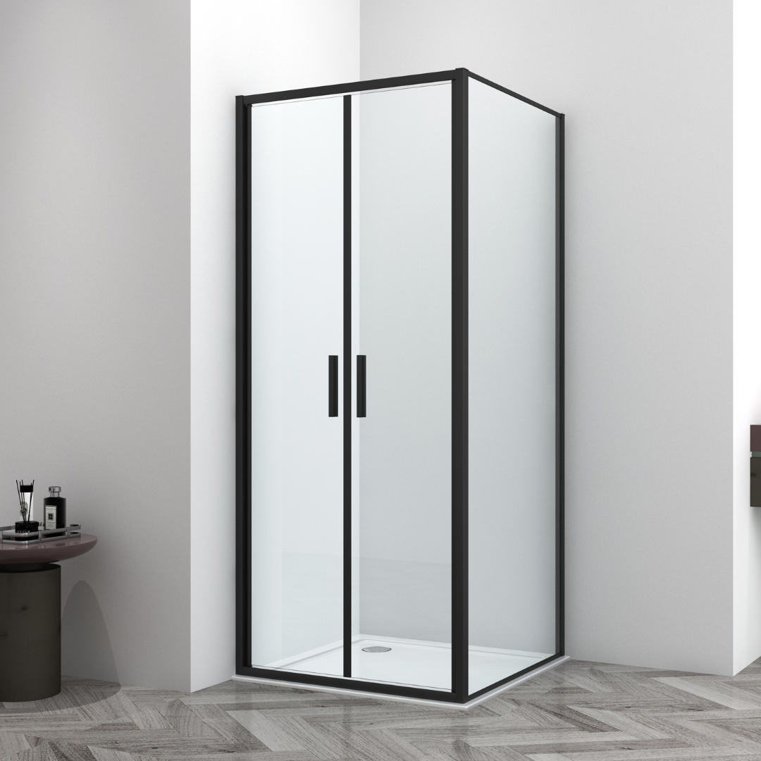 Corner shower cabin with two sliding doors, chrome in 2 different sizes
