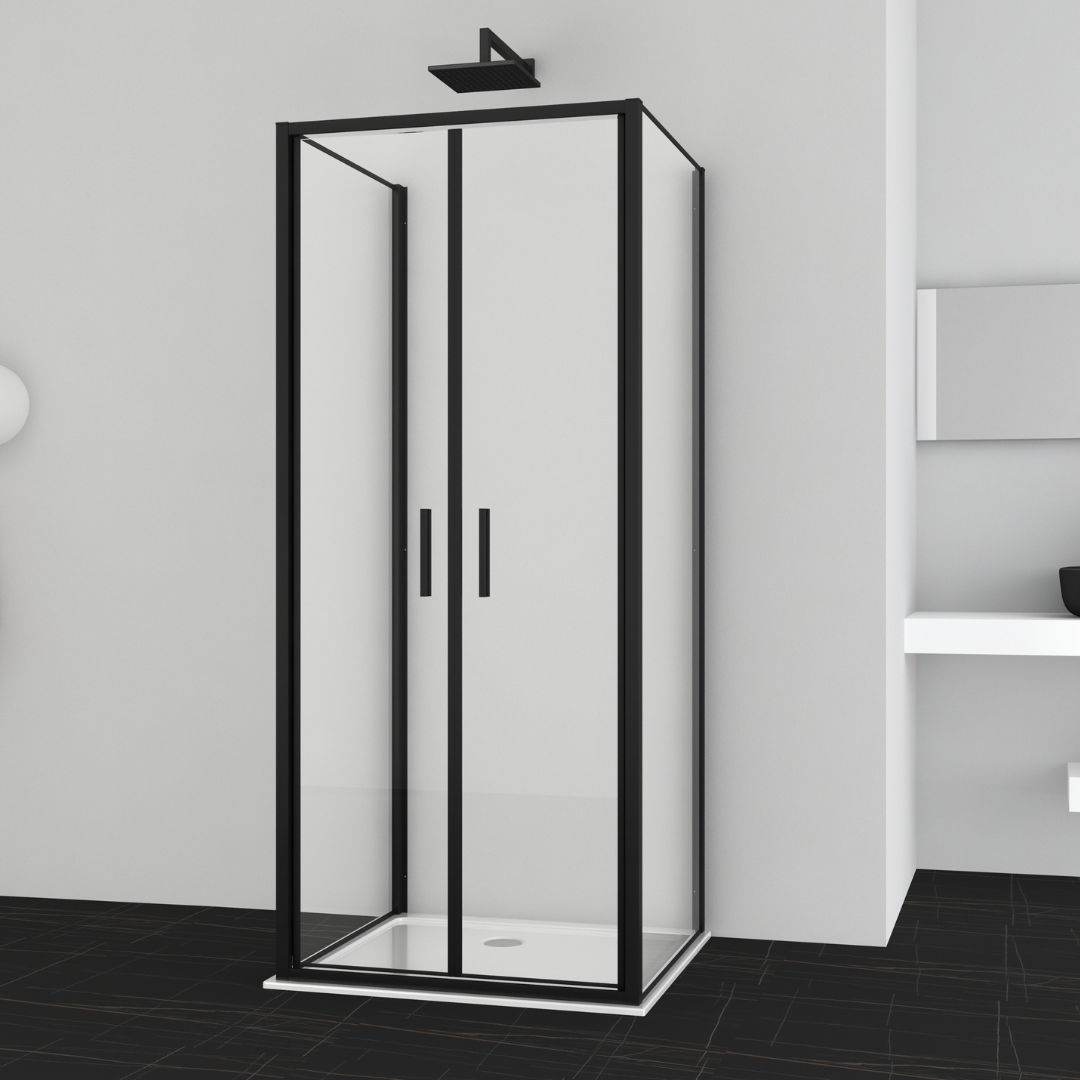 Corner shower cabin with two sliding doors, chrome in 2 different sizes