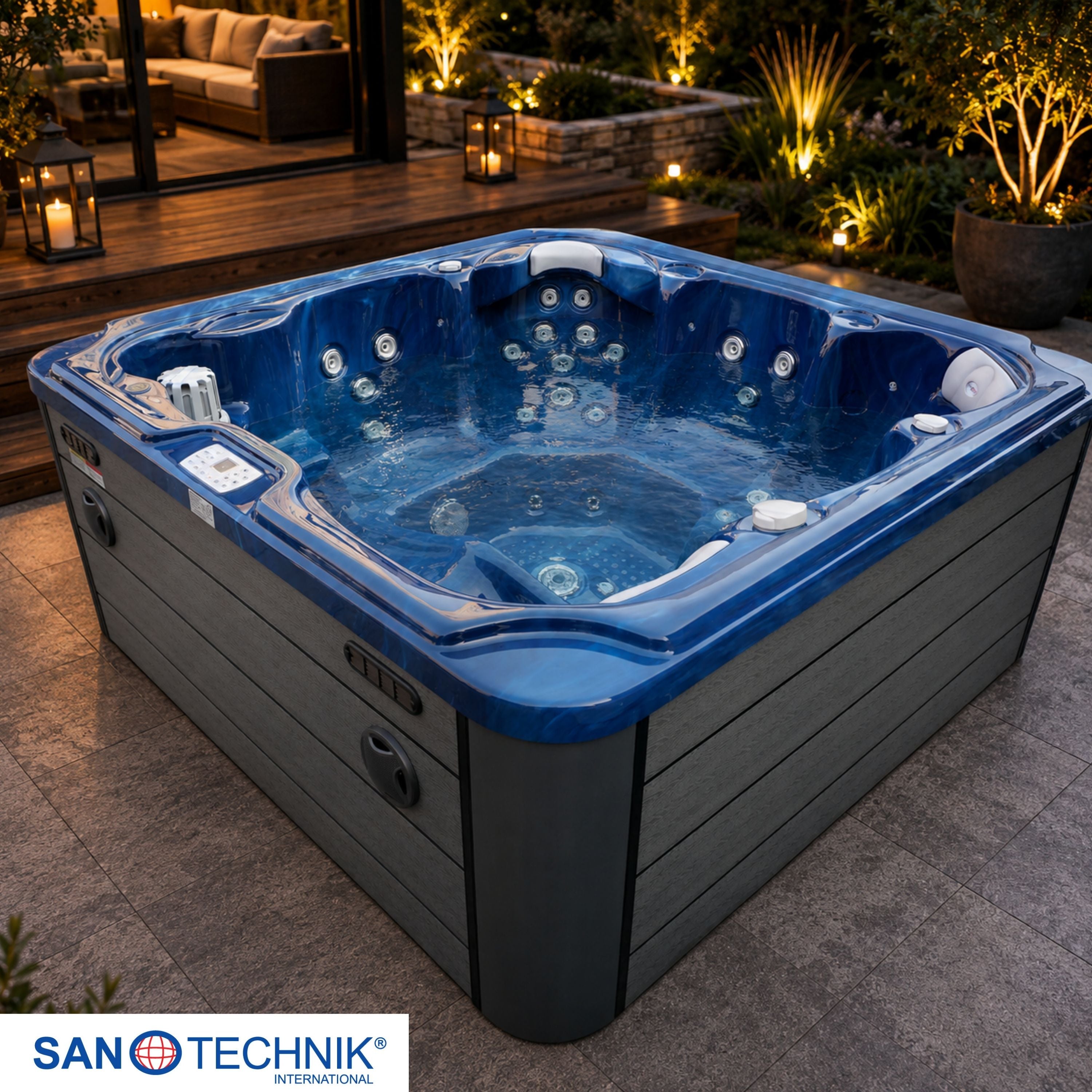 Bañera de hidromasaje exterior OASIS Maxi BLUE MARBLE con peldaños y cubierta 210x210x95 cm resistente a las heladas