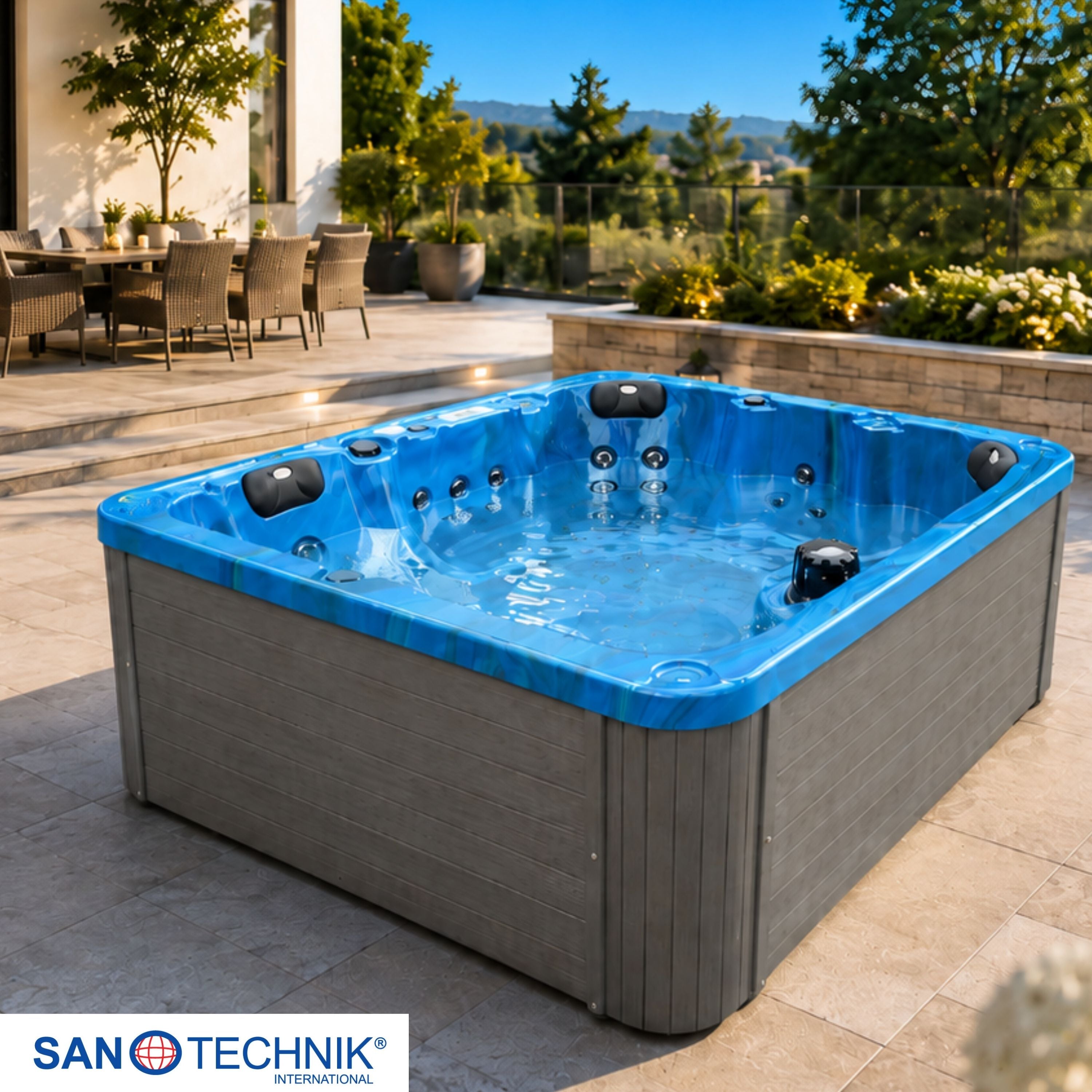 Outdoorwhirlpool PALMA BLUE MARBLE inkl. Abdeckung und Stiege 190x190x86 cm frostsicher
