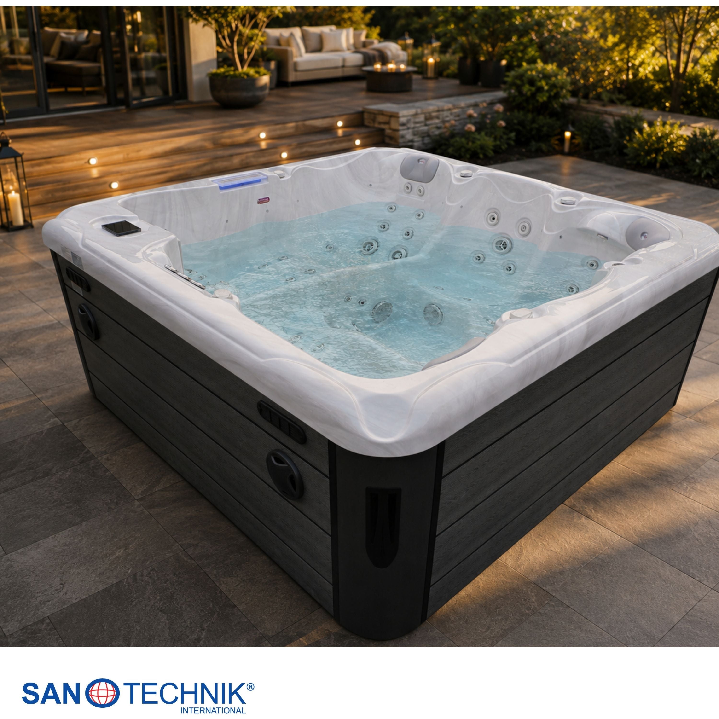 Outdoor whirlpool HAWAII WHITE MARBLE including cover and steps 220x220x95 cm frost-proof