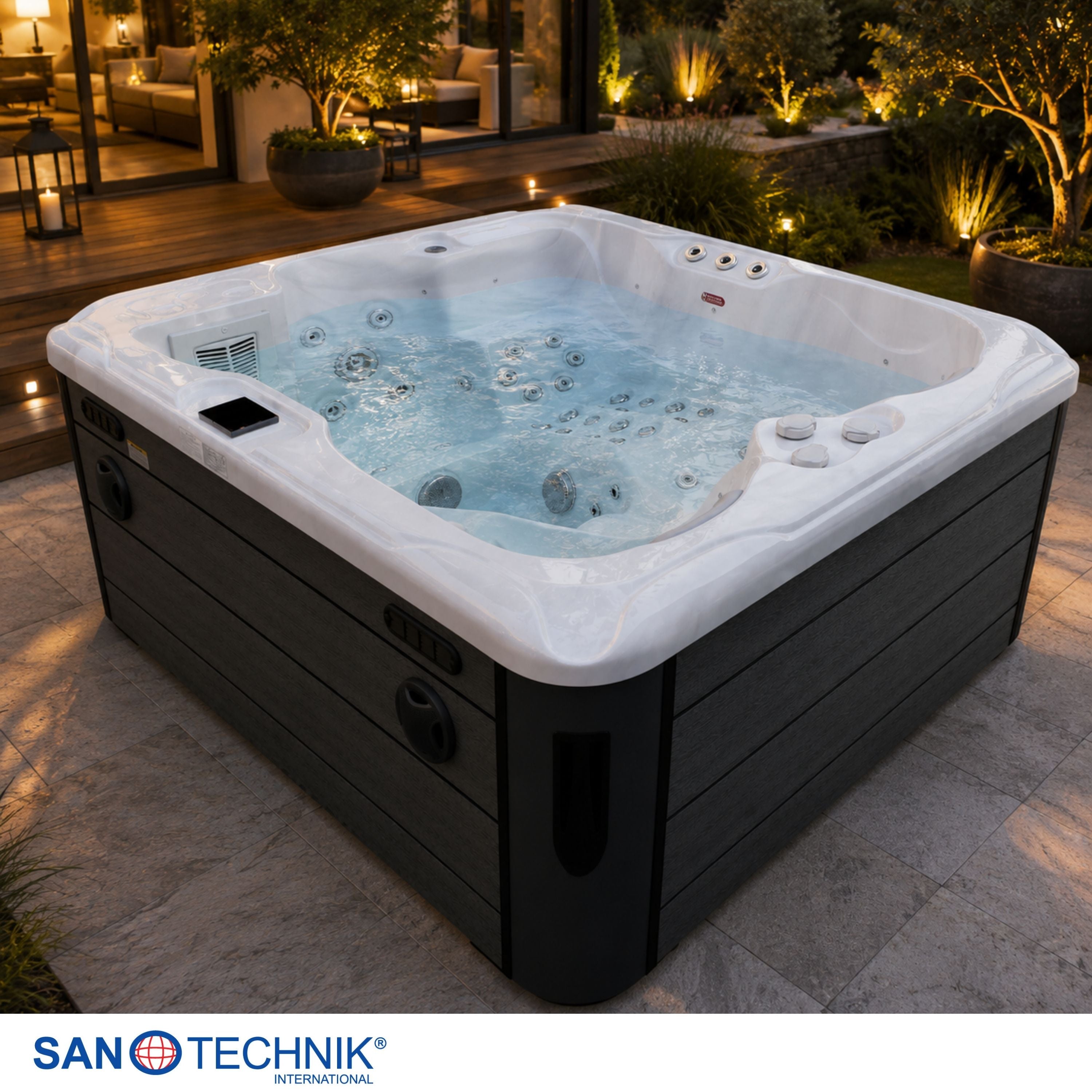 Outdoor Whirlpool MAURITIUS WHITE MARBLE including steps and cover 210x160x90 cm frost-proof