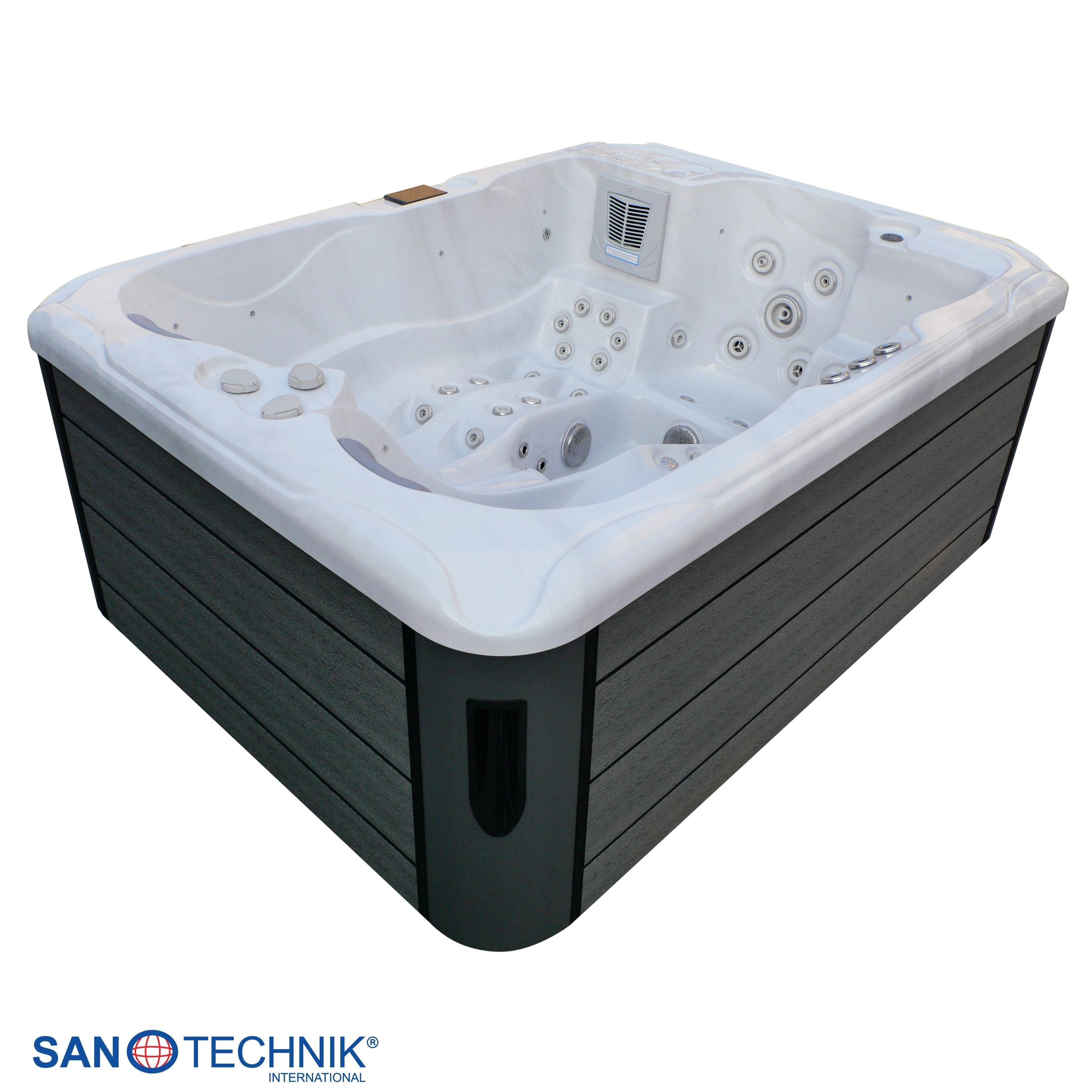 Bañera de hidromasaje exterior MÁRMOL BLANCO MAURICIO con peldaños y cubierta 210x160x90 cm resistente a las heladas