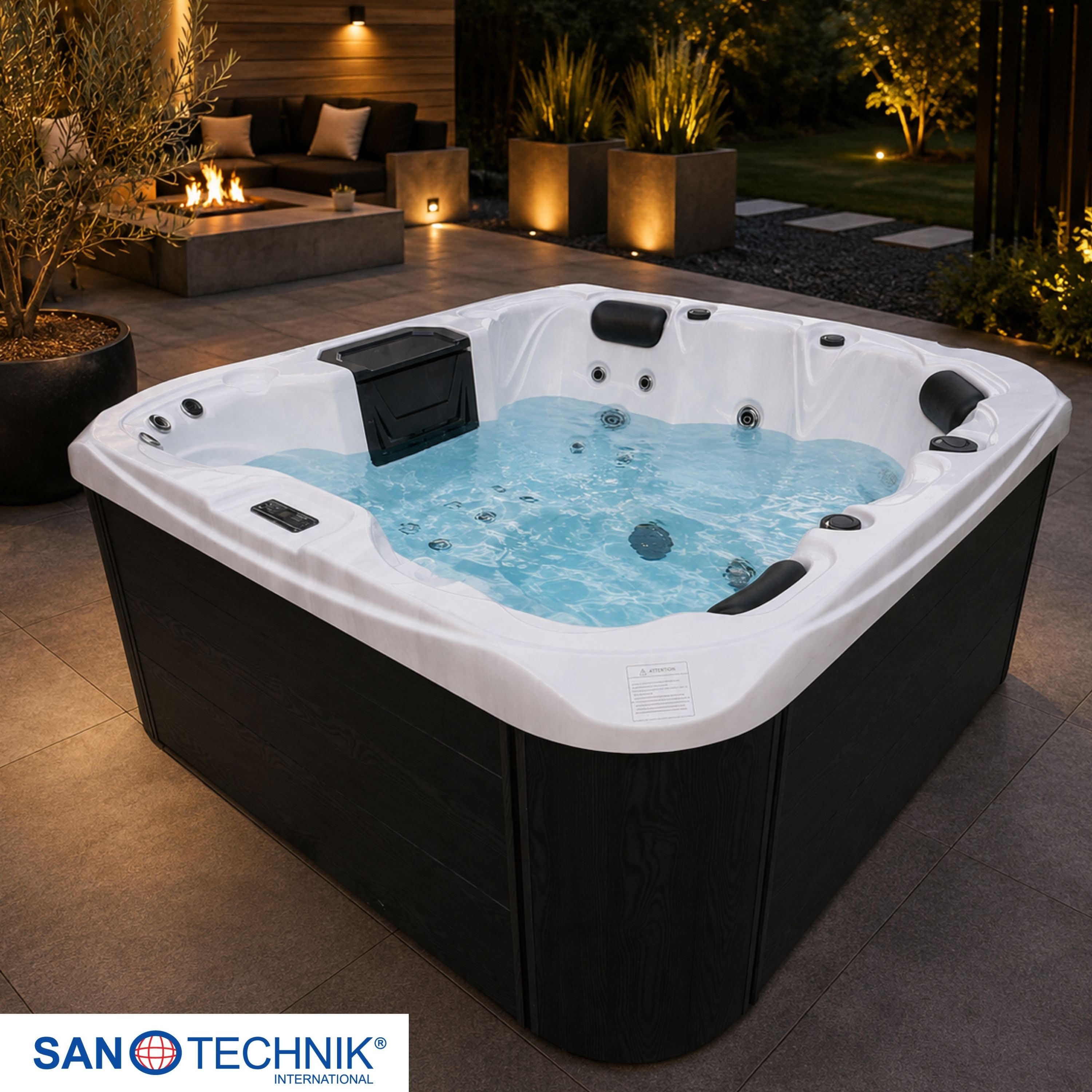 Outdoorwhirlpool TAHITI WHITE MARBLE inkl. Abdeckung und Stiege 200x200x88 cm frostsicher