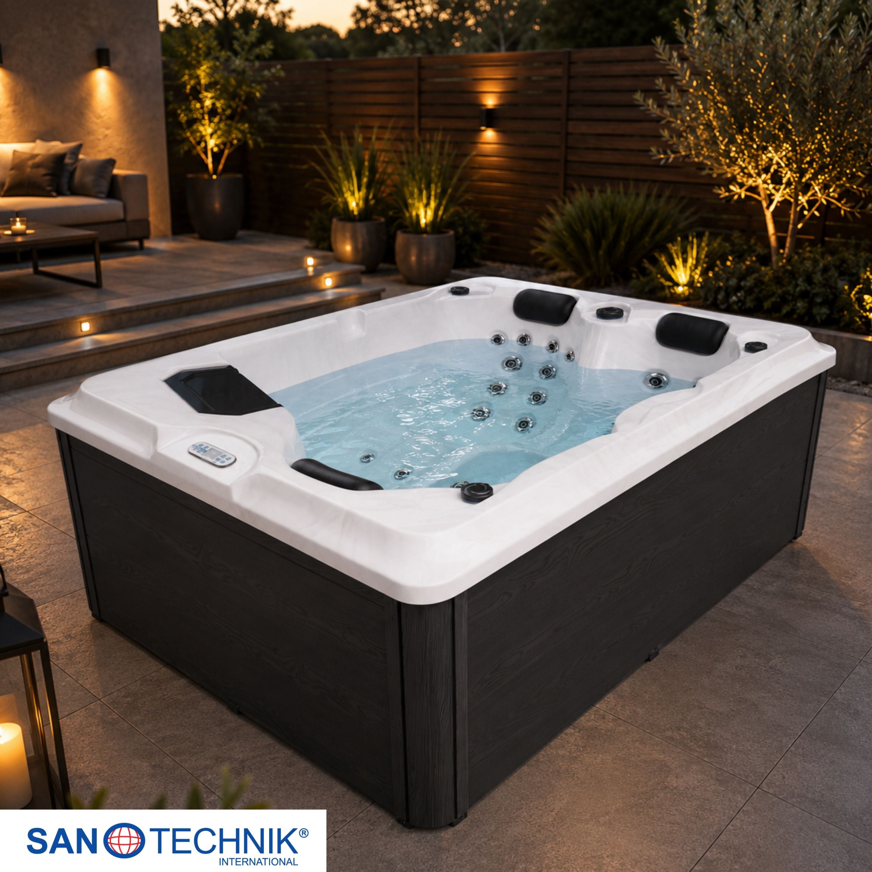 Outdoor whirlpool Diablo WHITE MARBLE including cover and stairs - 210 x 160 x 80cm frost-proof